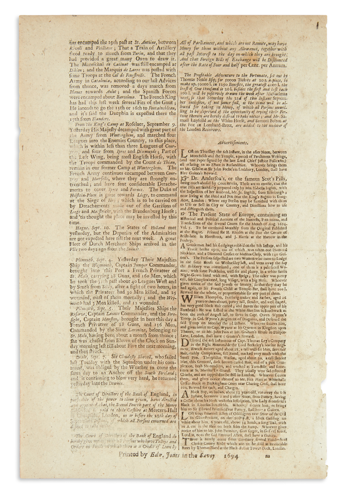 (SLAVERY AND ABOLITION.) Issue of the London Gazette featuring an early runaway slave advertisement for Lady Bromfields Black.